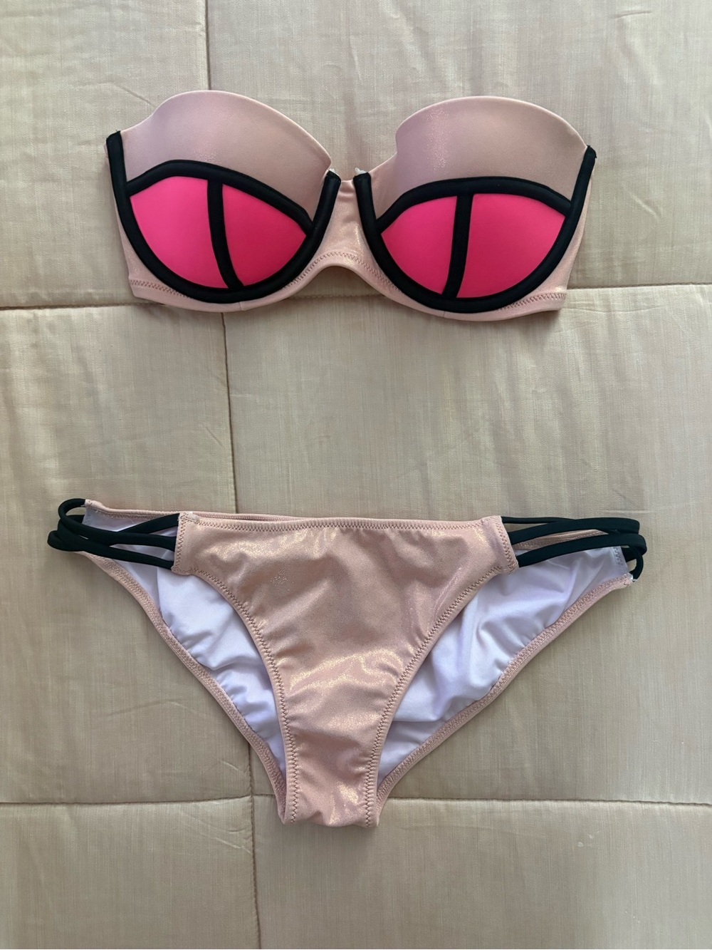 Victoria's Secret Pink and Nude Strapless Bikini with Black Trim